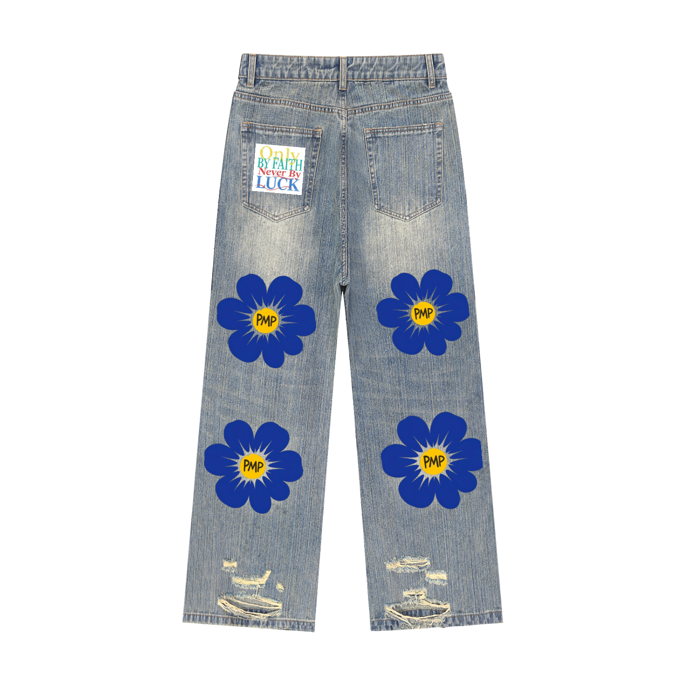 Vintage Wash Distressed Faith Flower Denim Jeans
