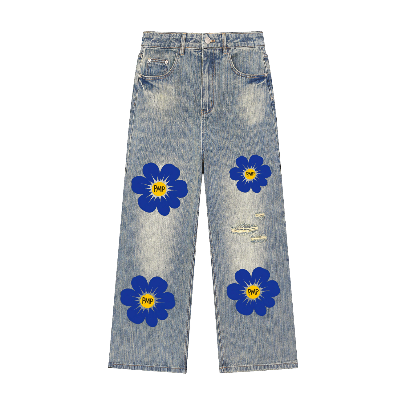 Vintage Wash Distressed Faith Flower Denim Jeans