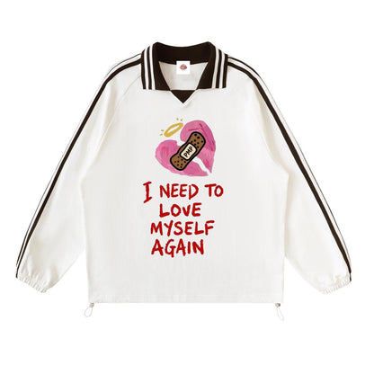 I Need To Love Myself Again -Contrast Striped Lapel Collar Sweatshirt-