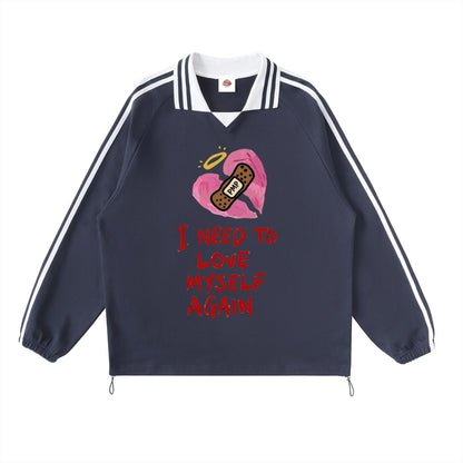 I Need To Love Myself Again -Contrast Striped Lapel Collar Sweatshirt-